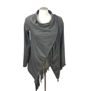 Womens Med Wrap Cardigan Sweater Fringed Gray Long Sleeves Cowl Neck  Lagenlook